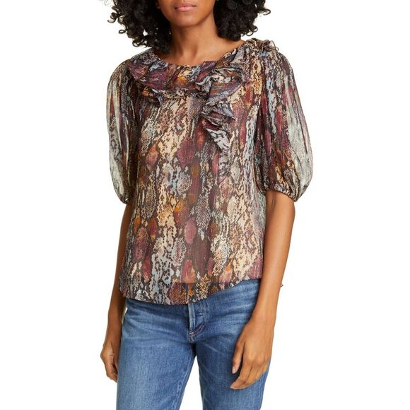 REBECCA TAYLOR Womens Black Ruffled Animal Print Jewel Neck Party Top L